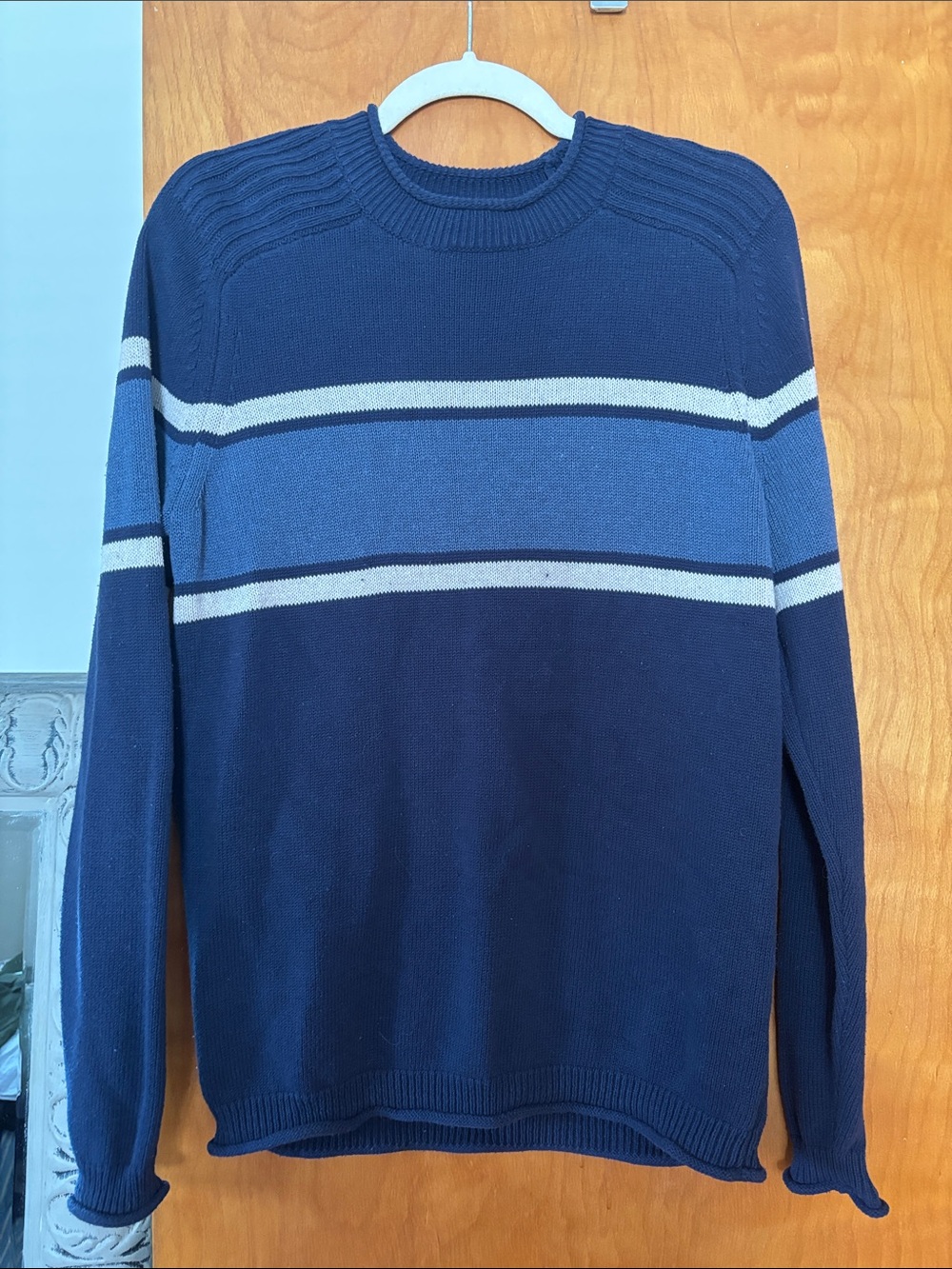 Toad&Co Navy, Light Blue and White Striped Crewneck Sweater